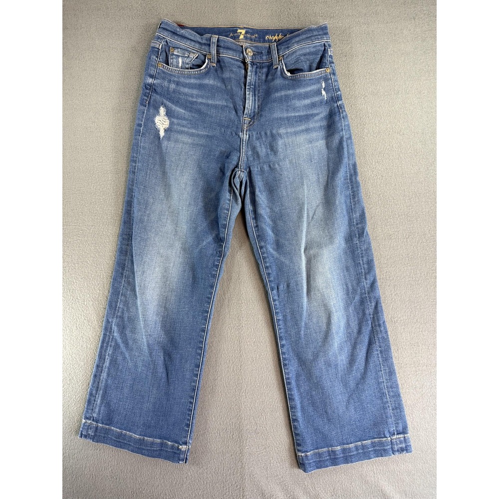 7 For All Mankind Cropped Alexa Jeans Womens 29 Medium Blue Wide Leg Distressed